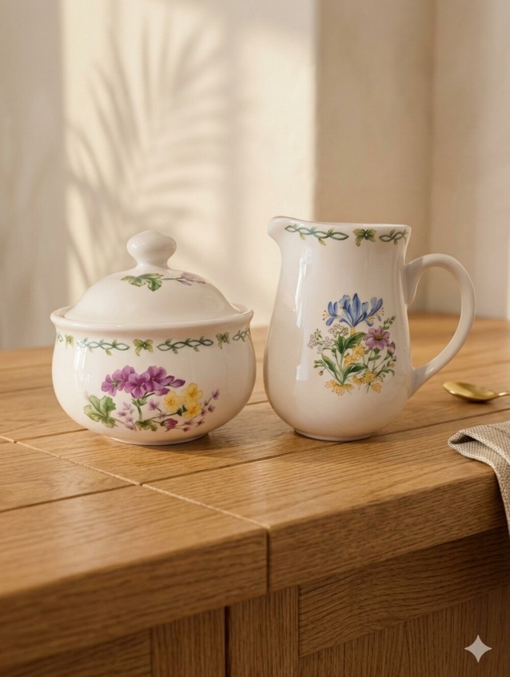 Floral Ceramic Sugar Bowl & Pitcher Set - White with Pastel Flowers